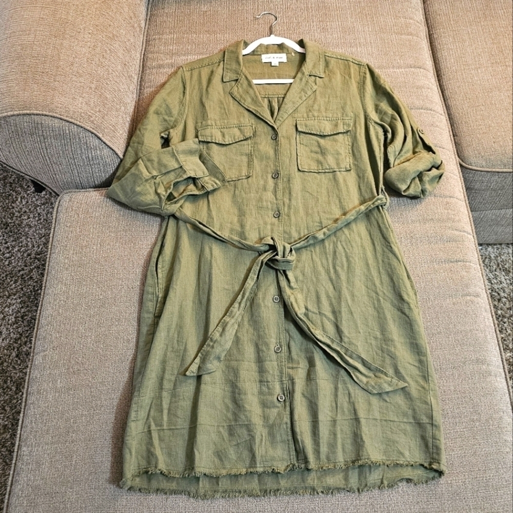Cloth & Stone Linen Blend Olive Green Button Casual Minimalist Dress Size XS